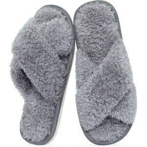 Women's Fuzzy Slippers Cross Band Velvet Grey Memory Foam House Slippers